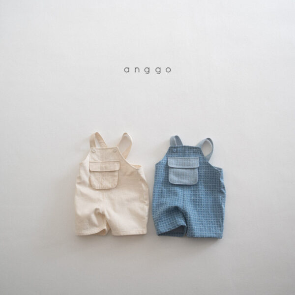 anggo-牛仔格線吊帶褲
