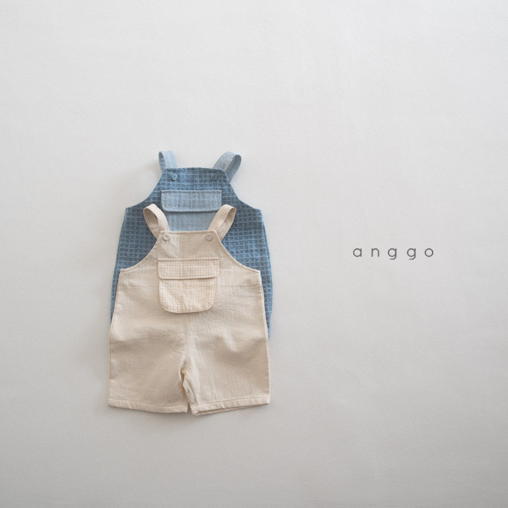 anggo-牛仔格線吊帶褲